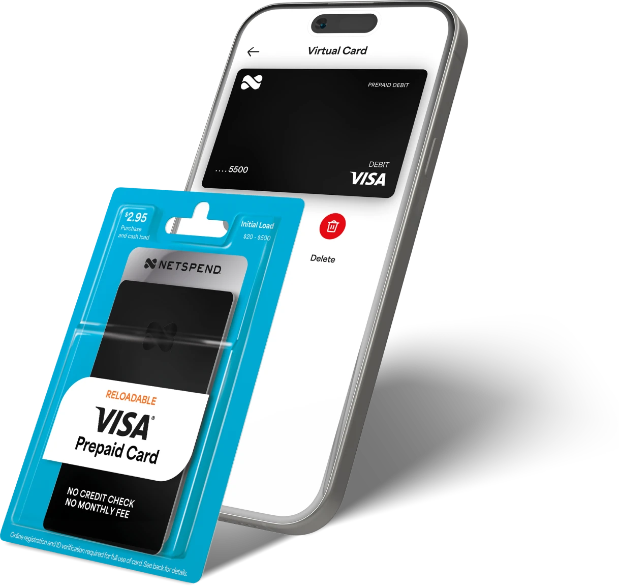 Physical Netspend prepaid card in package alongside a digital Netspend card shown on an iPhone