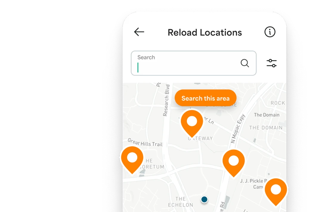 App screen showing reload locations