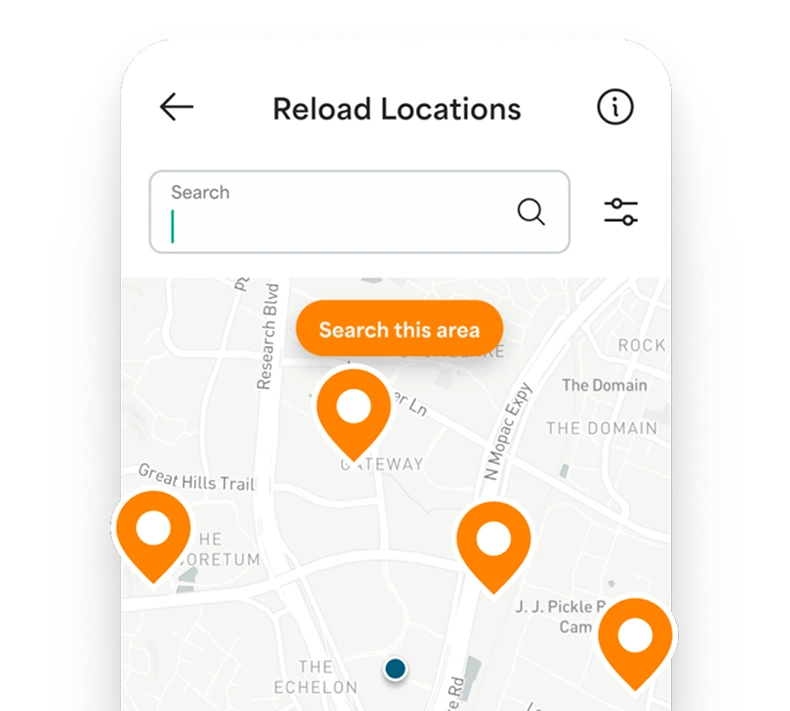 App screen showing reload locations